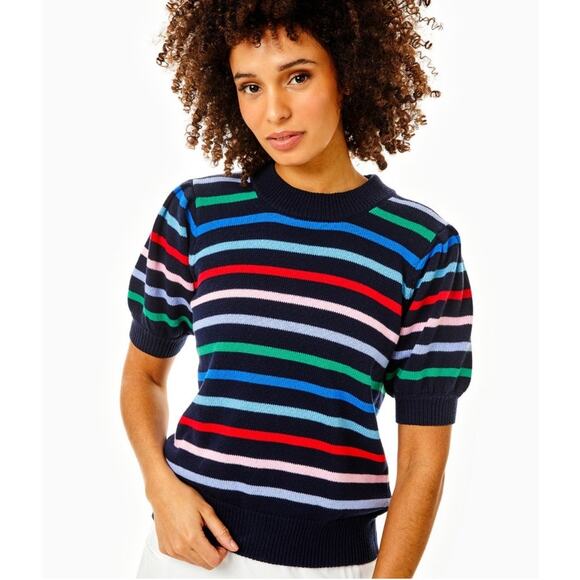 Addison Bay Short Sleeve Locust Sweater Womens XS Navy Rainbow Stripe Colorful - Picture 1 of 9